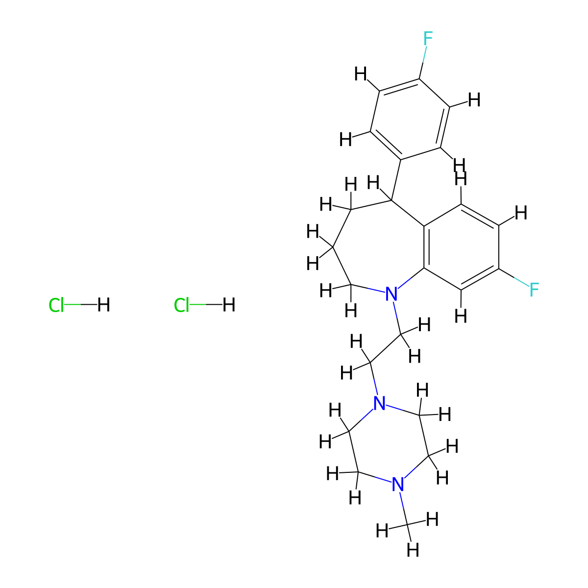 1H-1-Benzazepine, 2,3,4,5-tetrahydro-8-fluoro-5-(4-fluorophenyl)-1-(2-(4-methyl-1-piperazinyl)ethyl)-, dihydrochloride molecular structure, CAS 77796-06-6