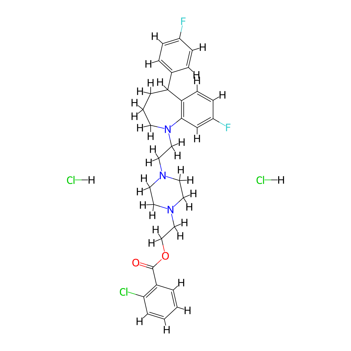 Benzoic acid, 2-chloro-, 2-(4-(2-(8-fluoro-5-(4-fluorophenyl)-2,3,4,5-tetrahydro-1H-1-benzazepin-1-yl)ethyl)-1-piperazinyl)ethyl ester, dihydrochloride molecular structure, CAS 77796-08-8