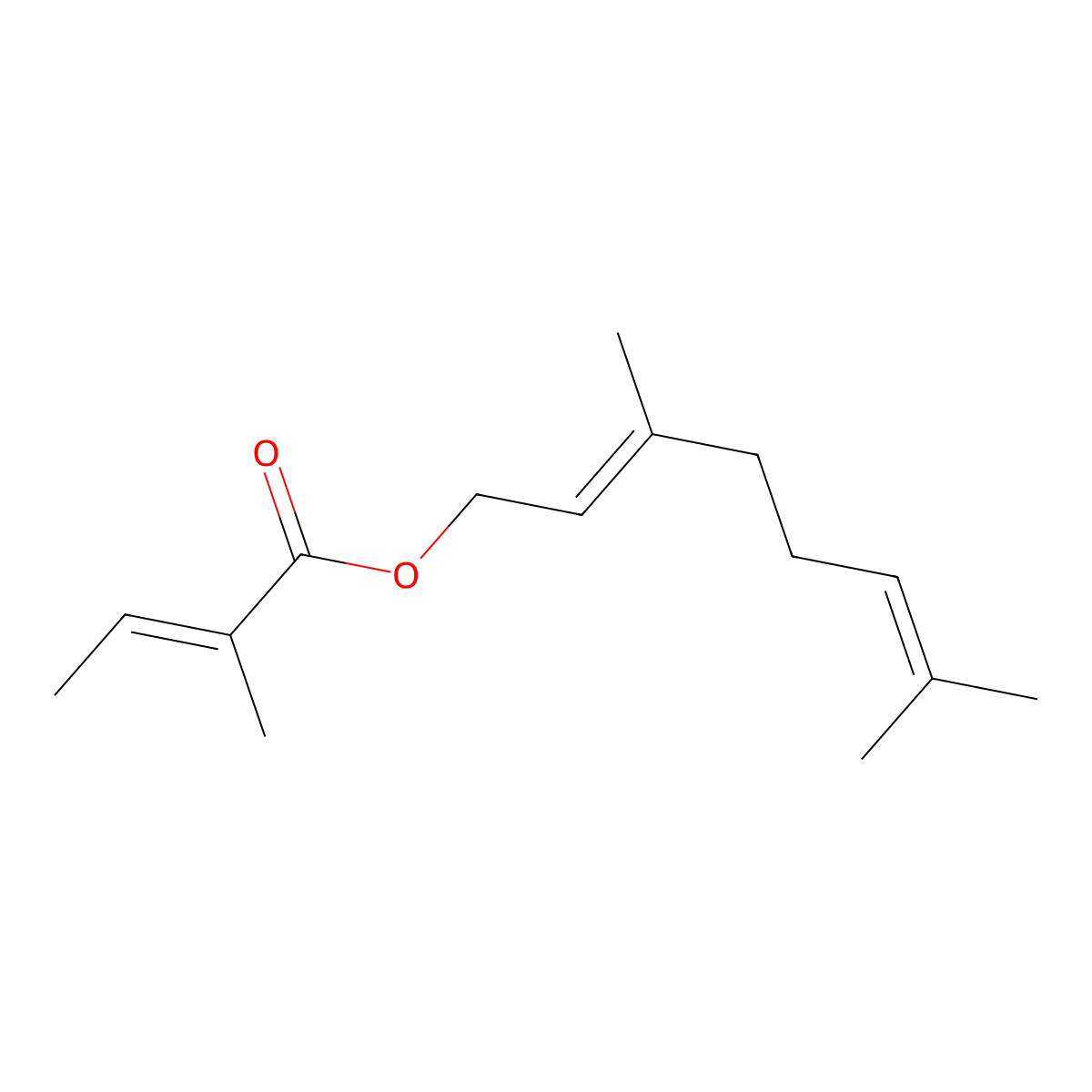 Geranyl tiglate molecular structure, CAS 7785-33-3