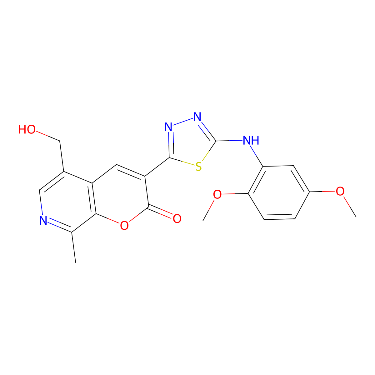 3-{5-[(2,5-dimethoxyphenyl)amino]-1,3,4-thiadiazol-2-yl}-5-(hydroxymethyl)-8-methyl-2H-pyrano[2,3-c]pyridin-2-one molecular structure, CAS 778590-54-8