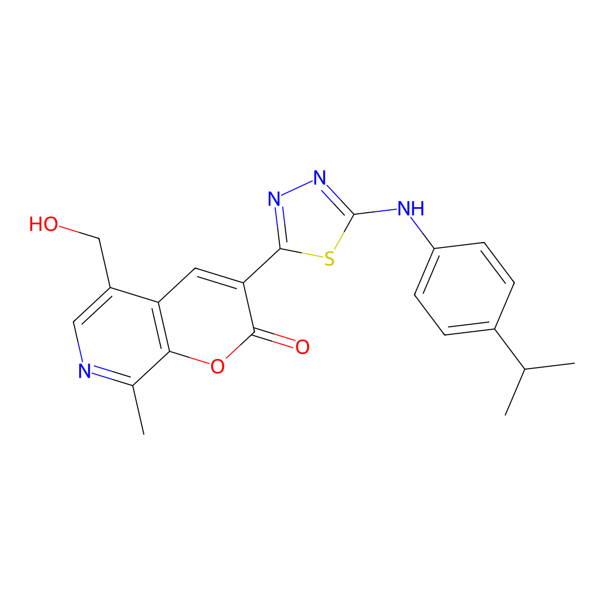 5-(Hydroxymethyl)-8-methyl-3-[5-(4-propan-2-ylanilino)-1,3,4-thiadiazol-2-yl]pyrano[2,3-c]pyridin-2-one molecular structure, CAS 778590-78-6