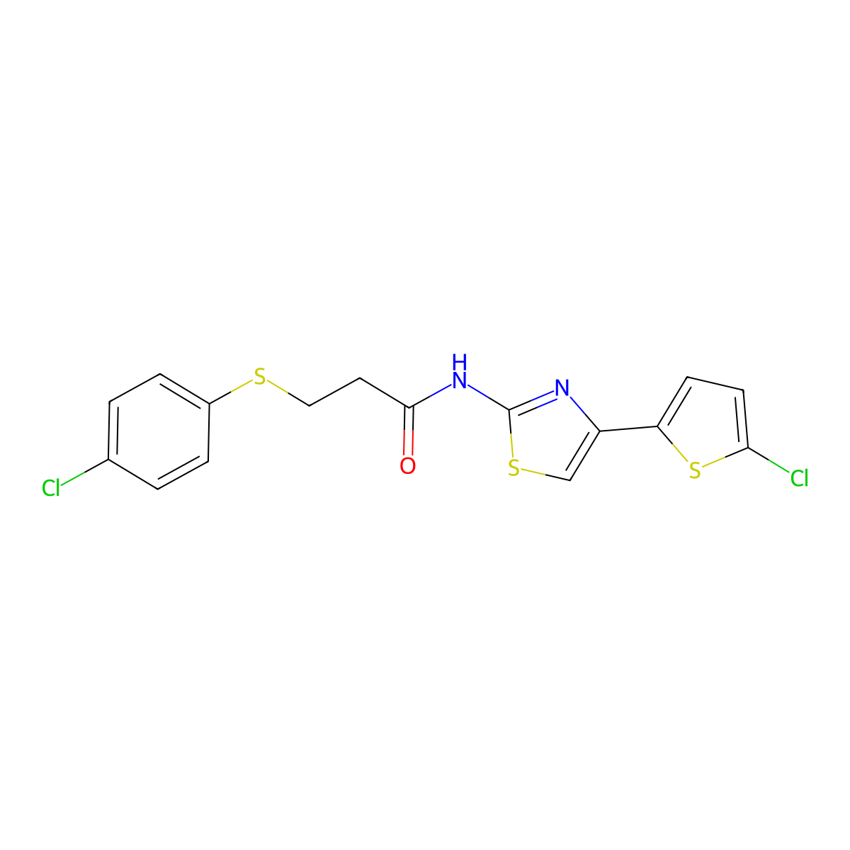 3-(4-chlorophenyl)sulfanyl-N-[4-(5-chlorothiophen-2-yl)-1,3-thiazol-2-yl]propanamide molecular structure, CAS 778621-31-1