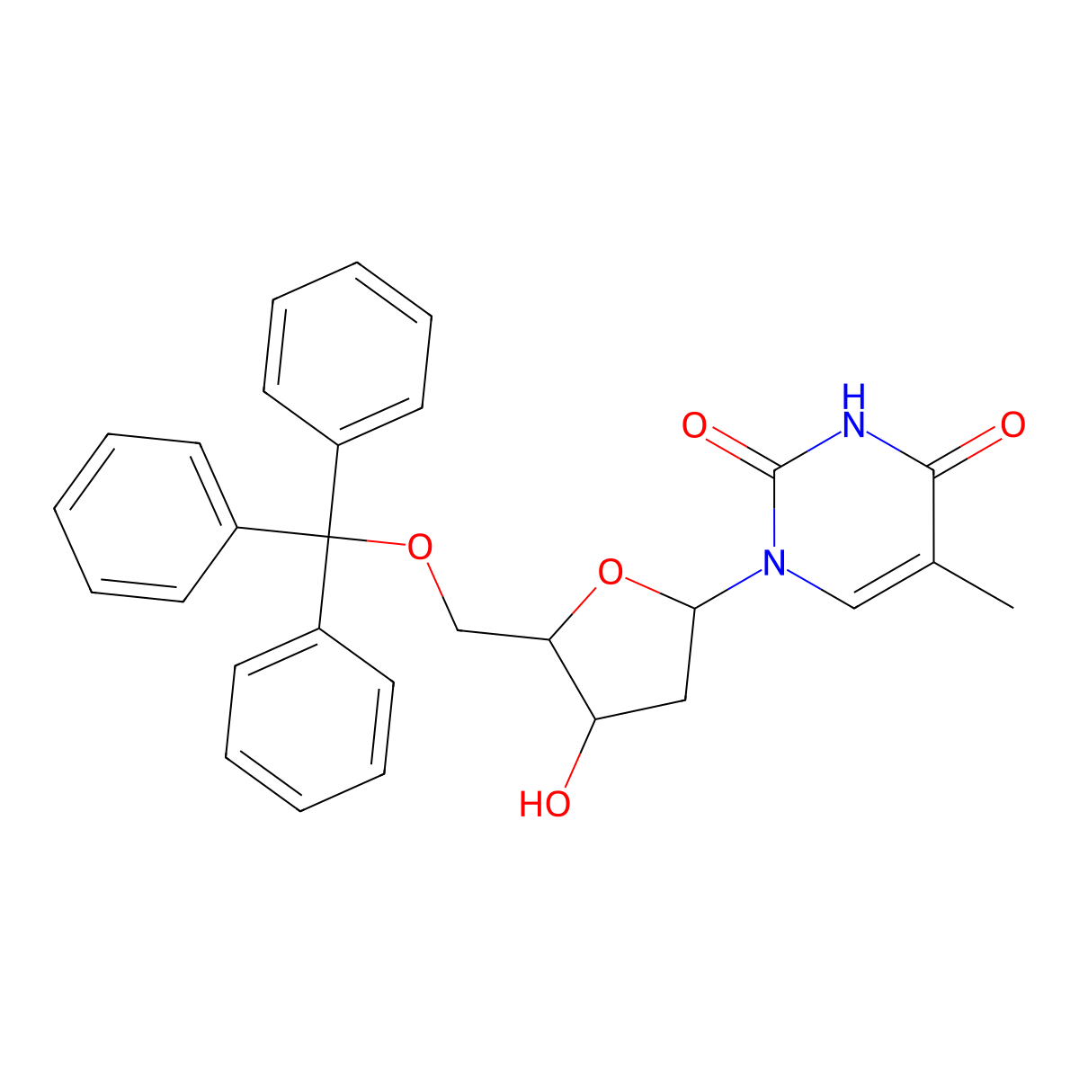 1-(2-Deoxy-5-O-(triphenylmethyl)pentofuranosyl)-5-methylpyrimidine-2,4(1H,3H)-dione molecular structure, CAS 7791-71-1