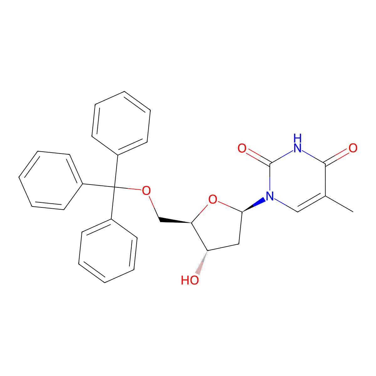 1-(2-Deoxy-5-O-(triphenylmethyl)pentofuranosyl)-5-methylpyrimidine-2,4(1H,3H)-dione molecular structure, CAS 7791-71-1