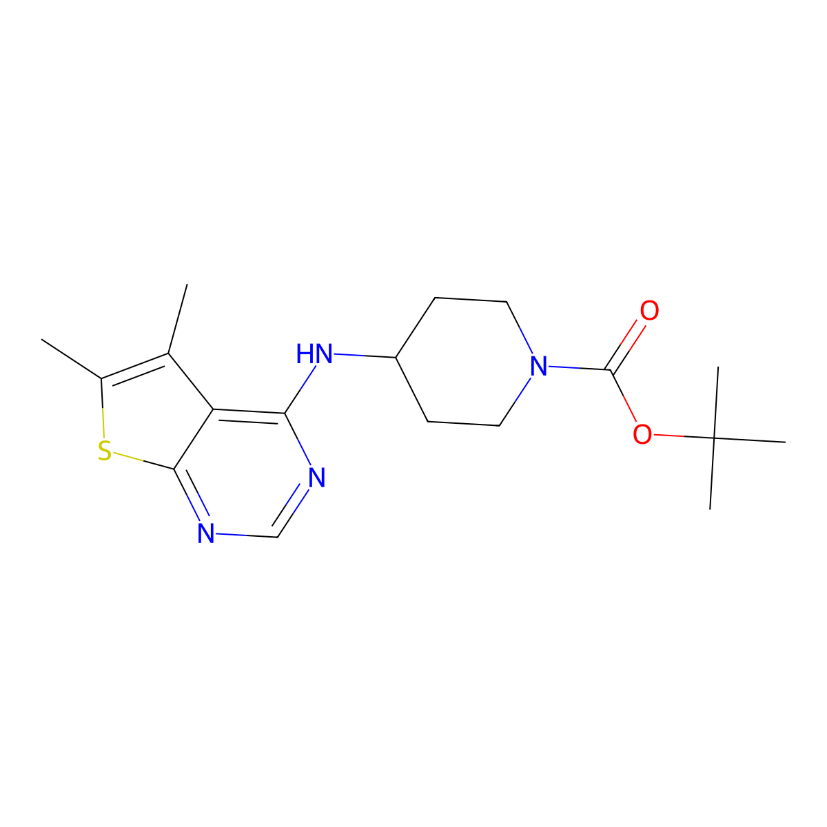 1-Piperidinecarboxylic acid, 4-[(5,6-dimethylthieno[2,3-d]pyrimidin-4-yl)amino]-, 1,1-dimethylethyl ester molecular structure, CAS 779338-97-5