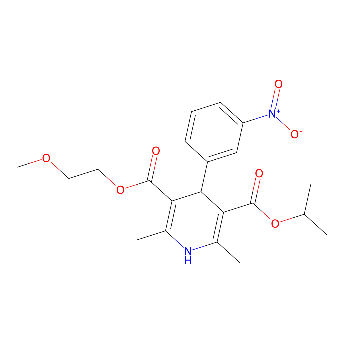 3,5-Pyridinedicarboxylic acid, 1,4-dihydro-2,6-dimethyl-4-(3-nitrophenyl)-, 2-methoxyethyl 1-methylethyl ester, (4R)- molecular structure, CAS 77940-92-2