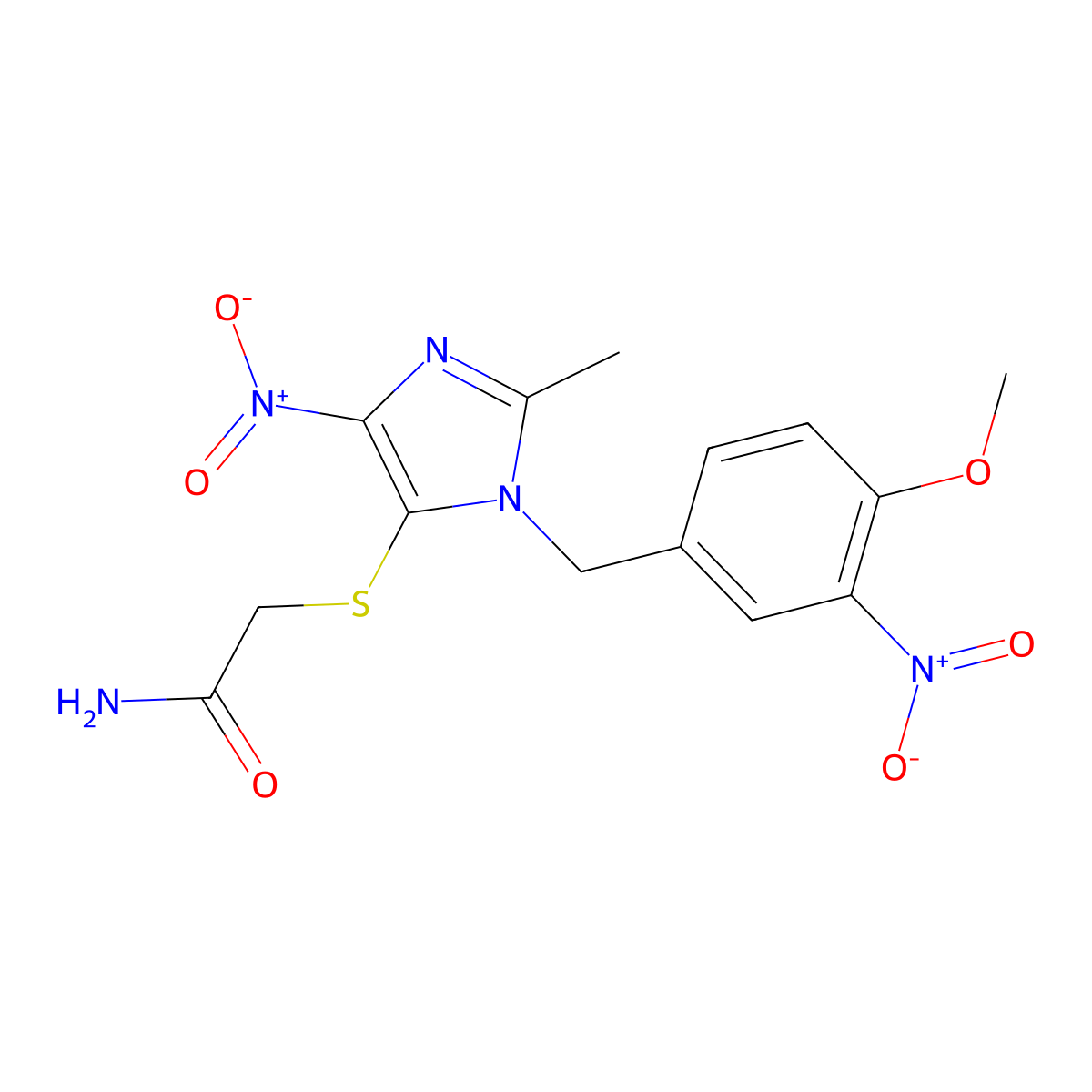 Acetamide, 2-((1-((4-methoxy-3-nitrophenyl)methyl)-2-methyl-4-nitro-1H-imidazol-5-yl)thio)- molecular structure, CAS 77952-77-3