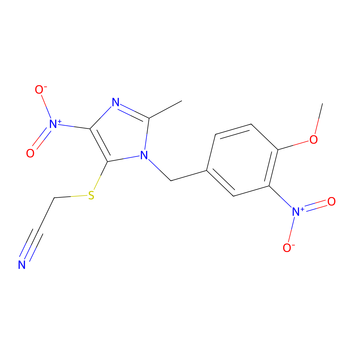 Acetonitrile, ((1-((4-methoxy-3-nitrophenyl)methyl)-2-methyl-4-nitro-1H-imidazol-5-yl)thio)- molecular structure, CAS 77952-82-0