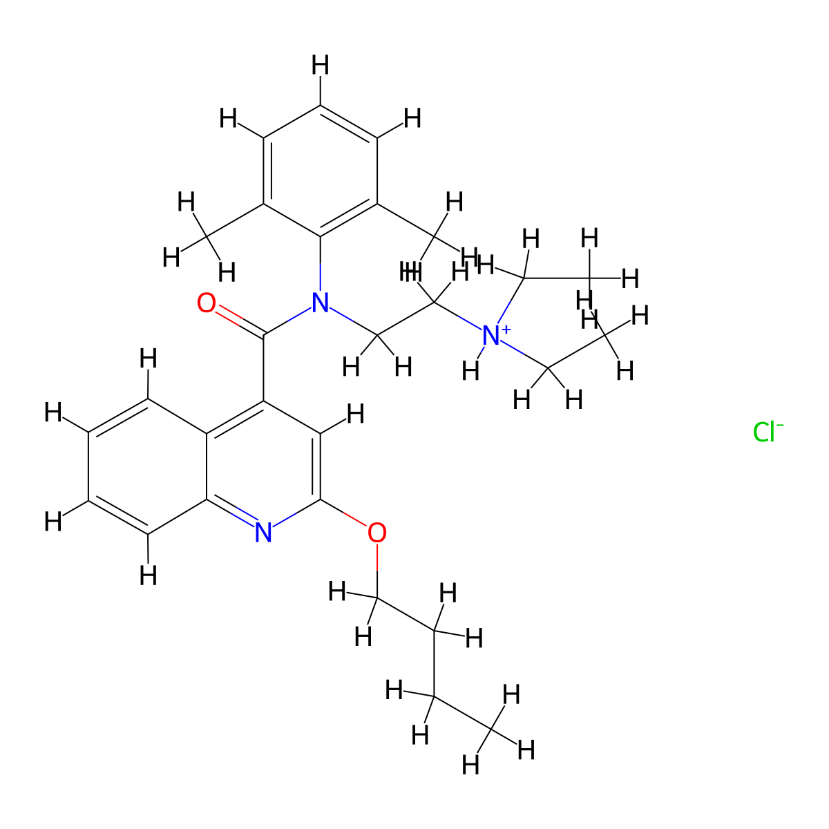 Cinchoninamide, 2-butoxy-N-(2-(diethylamino)ethyl)-N-(2,6-xylyl)-, hydrochloride molecular structure, CAS 77966-20-2