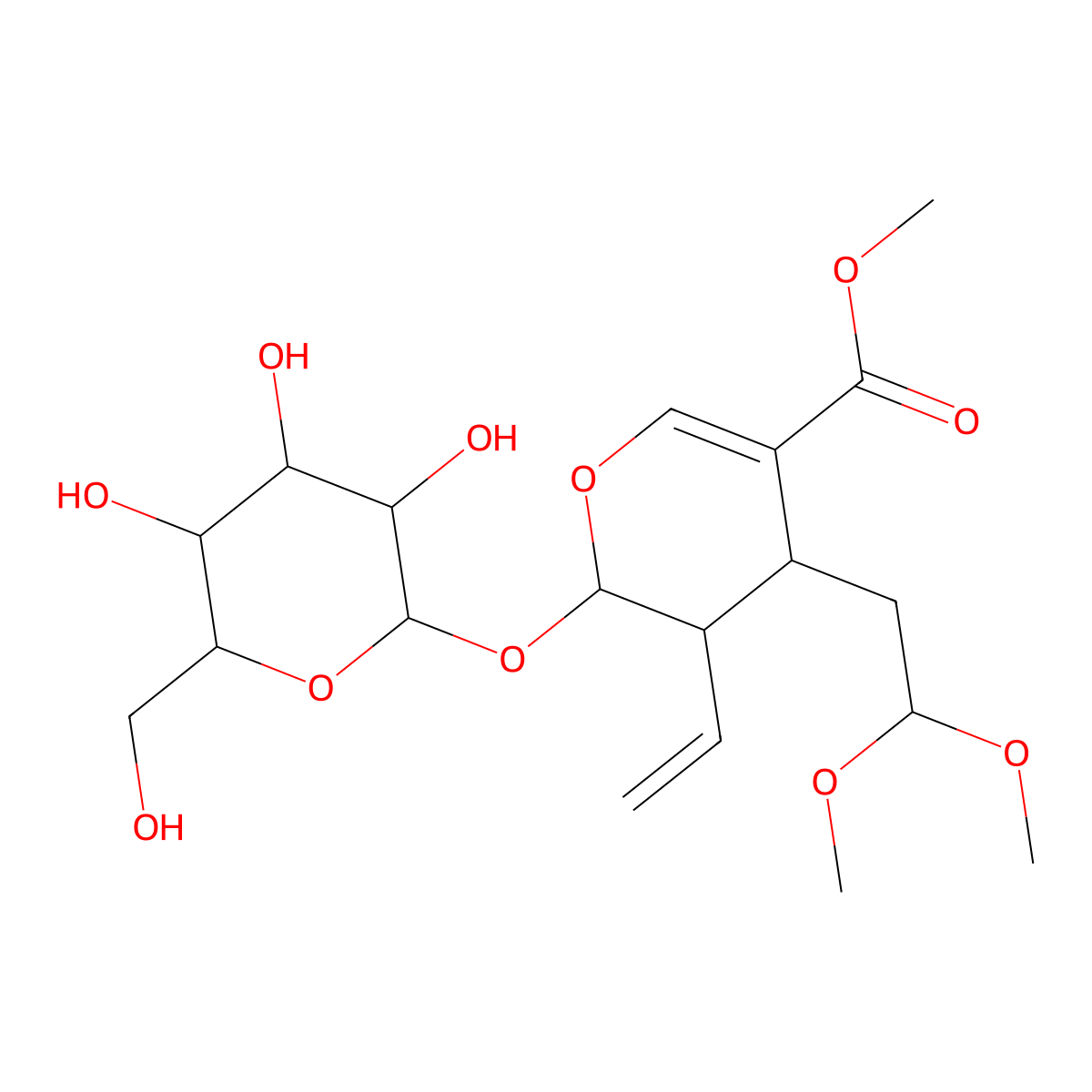 2H-Pyran-5-carboxylic acid, 4-(2,2-dimethoxyethyl)-3-ethenyl-2-(beta-D-glucopyranosyloxy)-3,4-dihydro-, methyl ester, (2S,3R,4S)- molecular structure, CAS 77988-07-9
