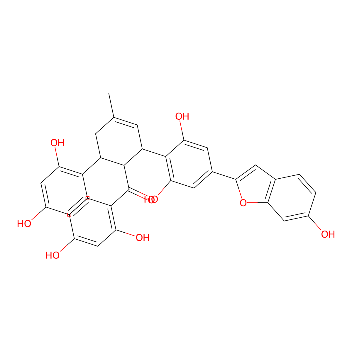 ((1S,2R,6R)-2-(2,6-Dihydroxy-4-(6-hydroxy-2-benzofuranyl)phenyl)-6-(2,4-dihydroxyphenyl)-4-methyl-3-cyclohexen-1-yl)(2,4-dihydroxyphenyl)methanone molecular structure, CAS 77996-04-4
