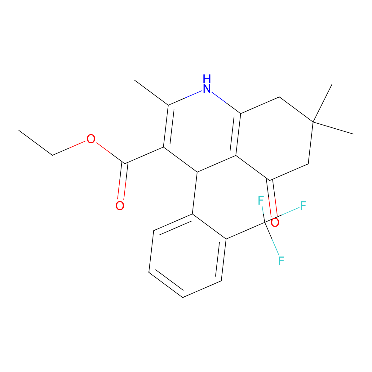 3-Quinolinecarboxylic acid, 1,4,5,6,7,8-hexahydro-5-oxo-4-(2-(trifluoromethyl)phenyl)-2,7,7-trimethyl-, ethyl ester molecular structure, CAS 78050-80-3