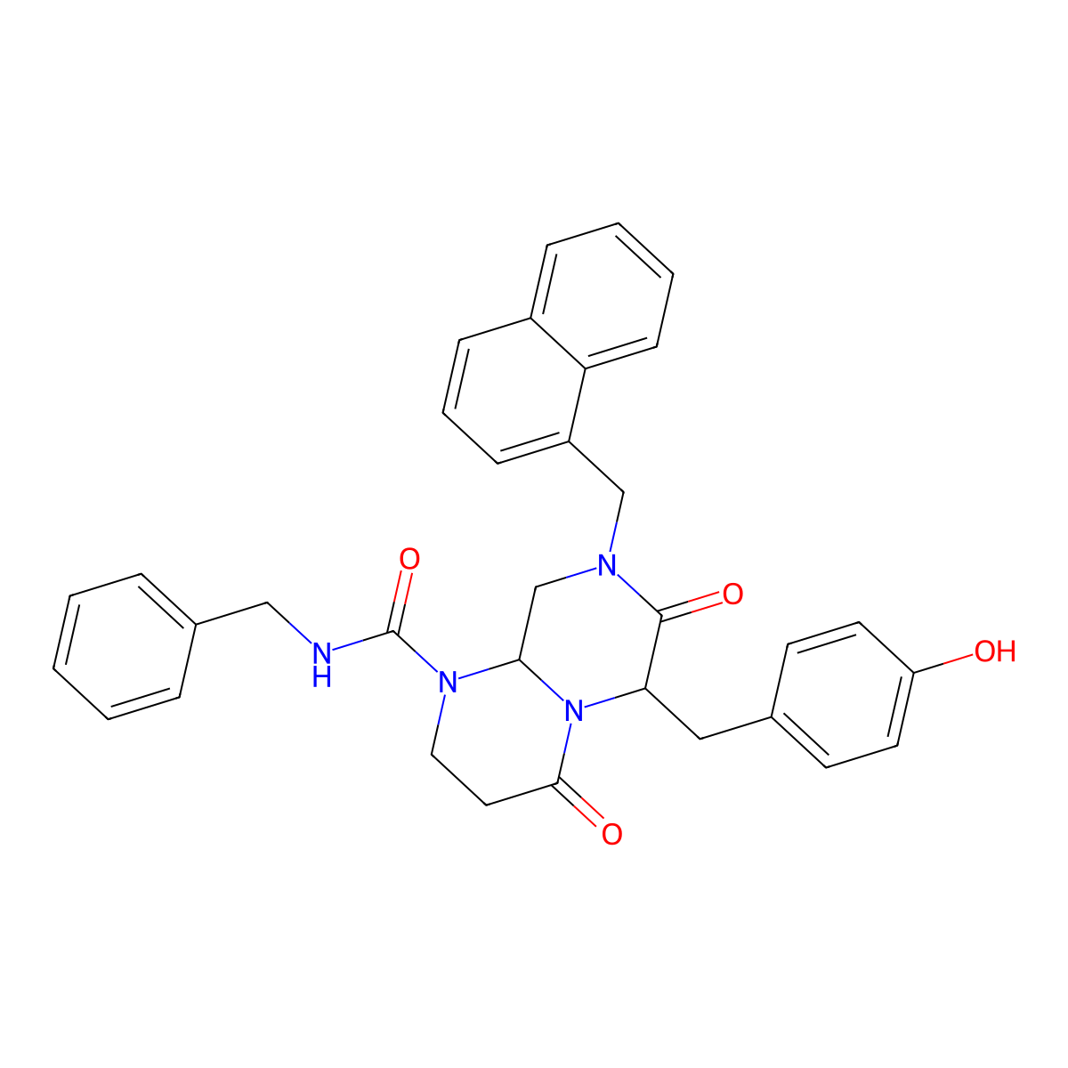 (6S,9aS)-N-benzyl-6-(4-hydroxybenzyl)-8-(naphthalen-1-ylmethyl)-4,7-dioxooctahydro-1H-pyrazino[1,2-a]pyrimidine-1-carboxamide molecular structure, CAS 780757-88-2
