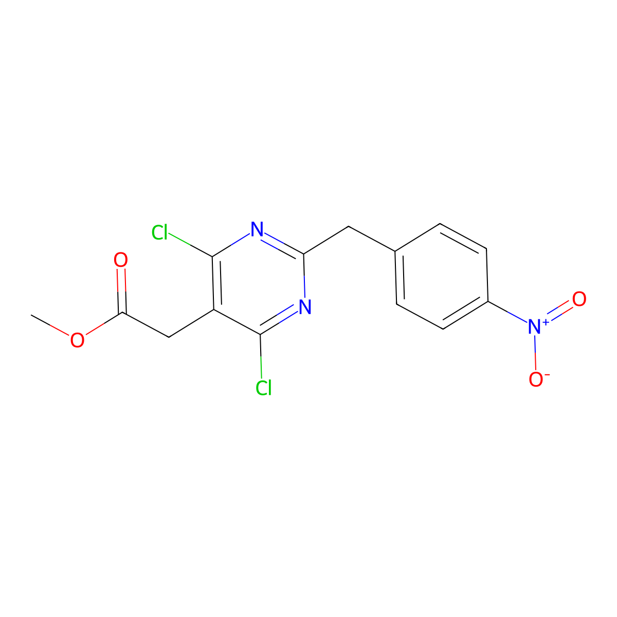 Methyl [4,6-dichloro-2-(4-nitrobenzyl)pyrimidin-5-YL]acetate molecular structure, CAS 780763-92-0