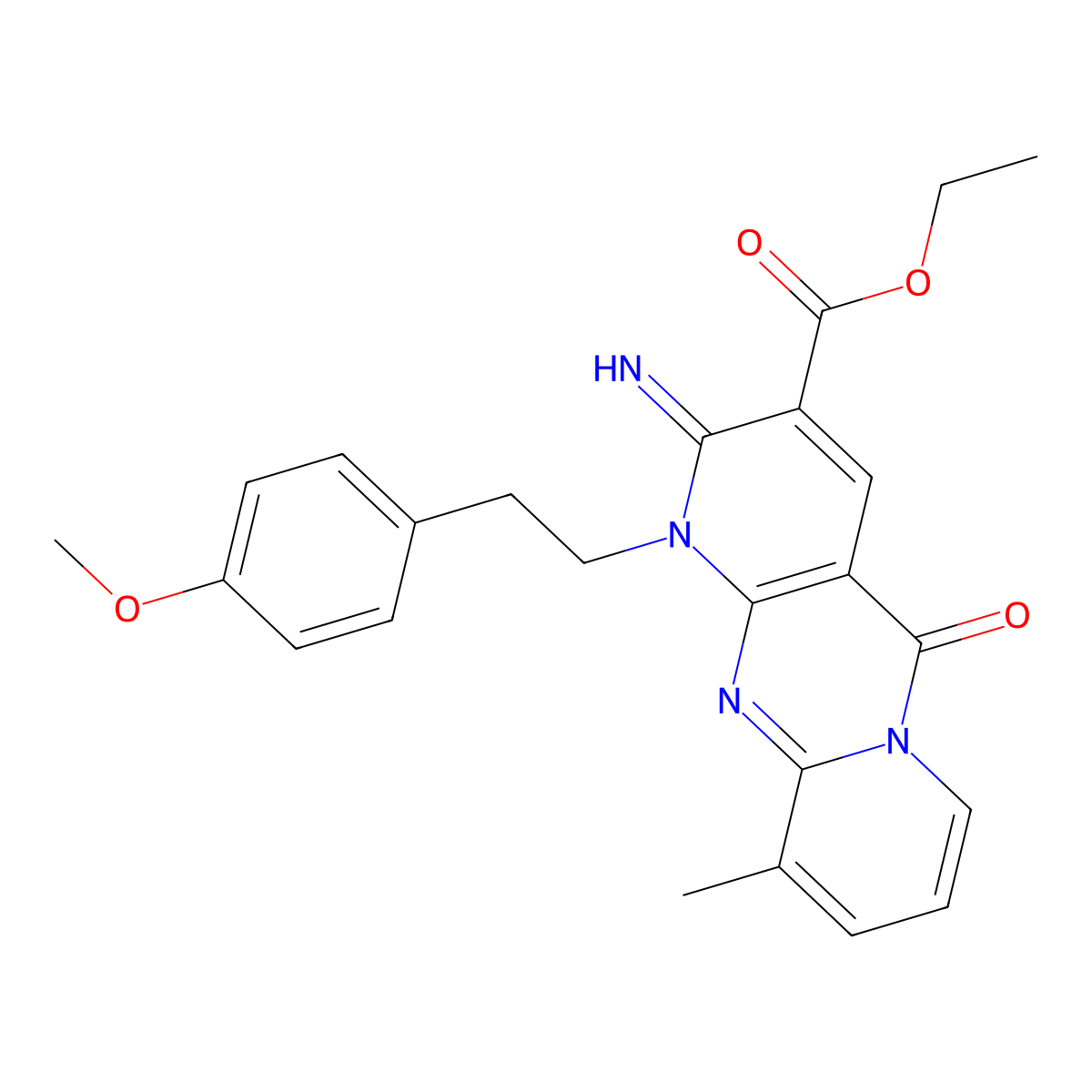 Ethyl 6-imino-7-[2-(4-methoxyphenyl)ethyl]-11-methyl-2-oxo-1,7,9-triazatricyclo[8.4.0.03,8]tetradeca-3(8),4,9,11,13-pentaene-5-carboxylate molecular structure, CAS 780777-44-8