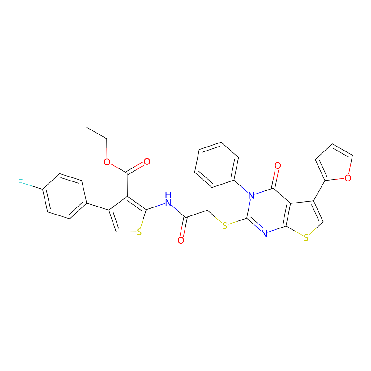 Ethyl 4-(4-fluorophenyl)-2-[[2-[5-(furan-2-yl)-4-oxo-3-phenylthieno[2,3-d]pyrimidin-2-yl]sulfanylacetyl]amino]thiophene-3-carboxylate molecular structure, CAS 780786-42-7