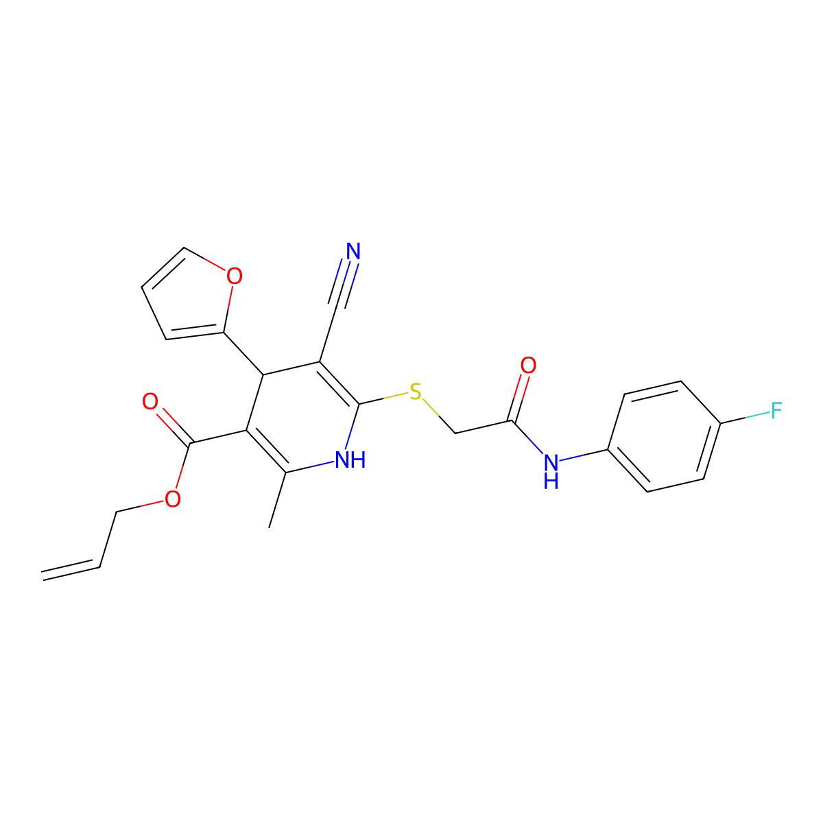 Allyl 5-cyano-6-((2-((4-fluorophenyl)amino)-2-oxoethyl)thio)-4-(furan-2-yl)-2-methyl-1,4-dihydropyridine-3-carboxylate molecular structure, CAS 780792-83-8