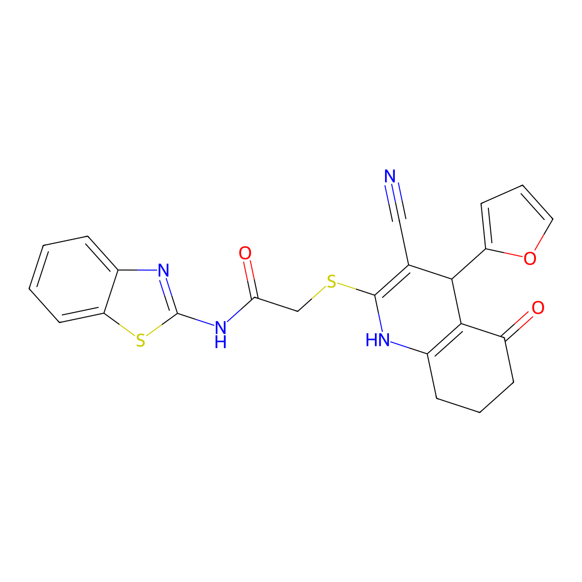 N-(1,3-benzothiazol-2-yl)-2-{[3-cyano-4-(furan-2-yl)-5-oxo-1,4,5,6,7,8-hexahydroquinolin-2-yl]sulfanyl}acetamide molecular structure, CAS 780794-21-0