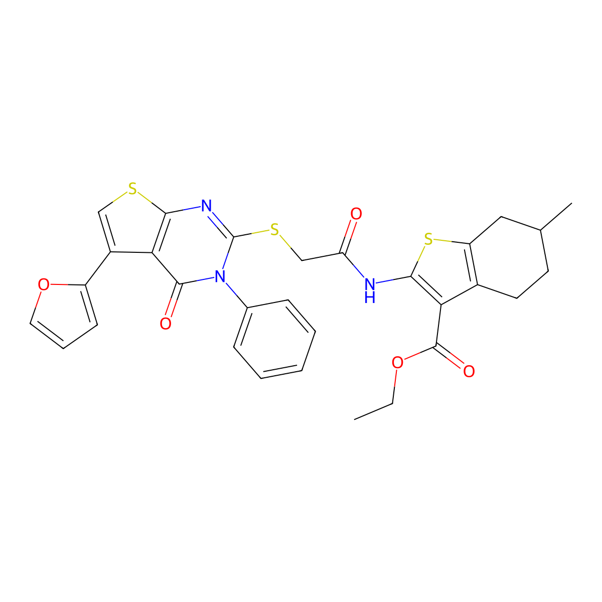 Ethyl 2-[[2-[5-(furan-2-yl)-4-oxo-3-phenylthieno[2,3-d]pyrimidin-2-yl]sulfanylacetyl]amino]-6-methyl-4,5,6,7-tetrahydro-1-benzothiophene-3-carboxylate molecular structure, CAS 780805-92-7