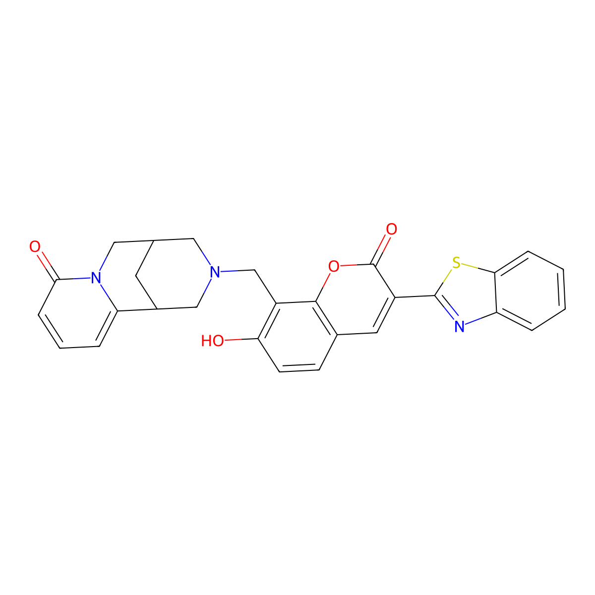3-((3-(benzo[d]thiazol-2-yl)-7-hydroxy-2-oxo-2H-chromen-8-yl)methyl)-3,4,5,6-tetrahydro-1H-1,5-methanopyrido[1,2-a][1,5]diazocin-8(2H)-one molecular structure, CAS 780808-53-9