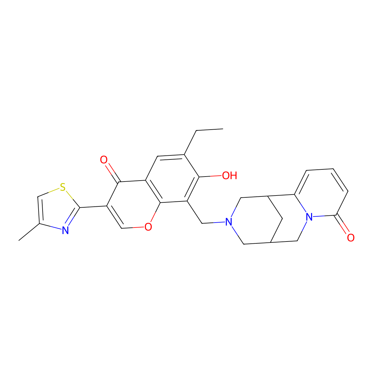 3-((6-ethyl-7-hydroxy-3-(4-methylthiazol-2-yl)-4-oxo-4H-chromen-8-yl)methyl)-3,4,5,6-tetrahydro-1H-1,5-methanopyrido[1,2-a][1,5]diazocin-8(2H)-one molecular structure, CAS 780808-54-0