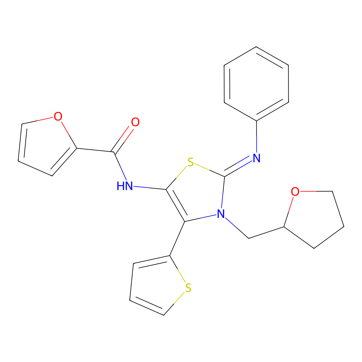 N-[(2Z)-2-(phenylimino)-3-(tetrahydrofuran-2-ylmethyl)-4-(thiophen-2-yl)-2,3-dihydro-1,3-thiazol-5-yl]furan-2-carboxamide molecular structure, CAS 780808-60-8
