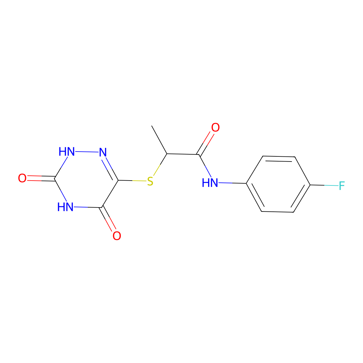 2-((3,5-dioxo-2,3,4,5-tetrahydro-1,2,4-triazin-6-yl)thio)-N-(4-fluorophenyl)propanamide molecular structure, CAS 780813-07-2