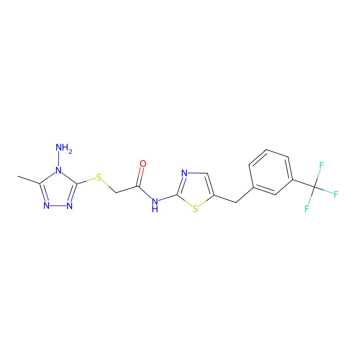 2-((4-amino-5-methyl-4H-1,2,4-triazol-3-yl)thio)-N-(5-(3-(trifluoromethyl)benzyl)thiazol-2-yl)acetamide molecular structure, CAS 780818-78-2