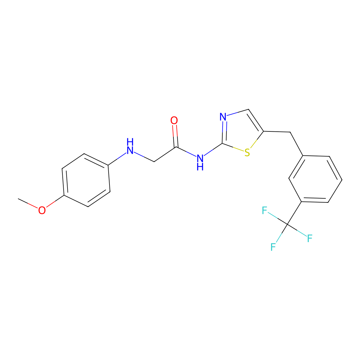 2-((4-methoxyphenyl)amino)-N-(5-(3-(trifluoromethyl)benzyl)thiazol-2-yl)acetamide molecular structure, CAS 780818-98-6