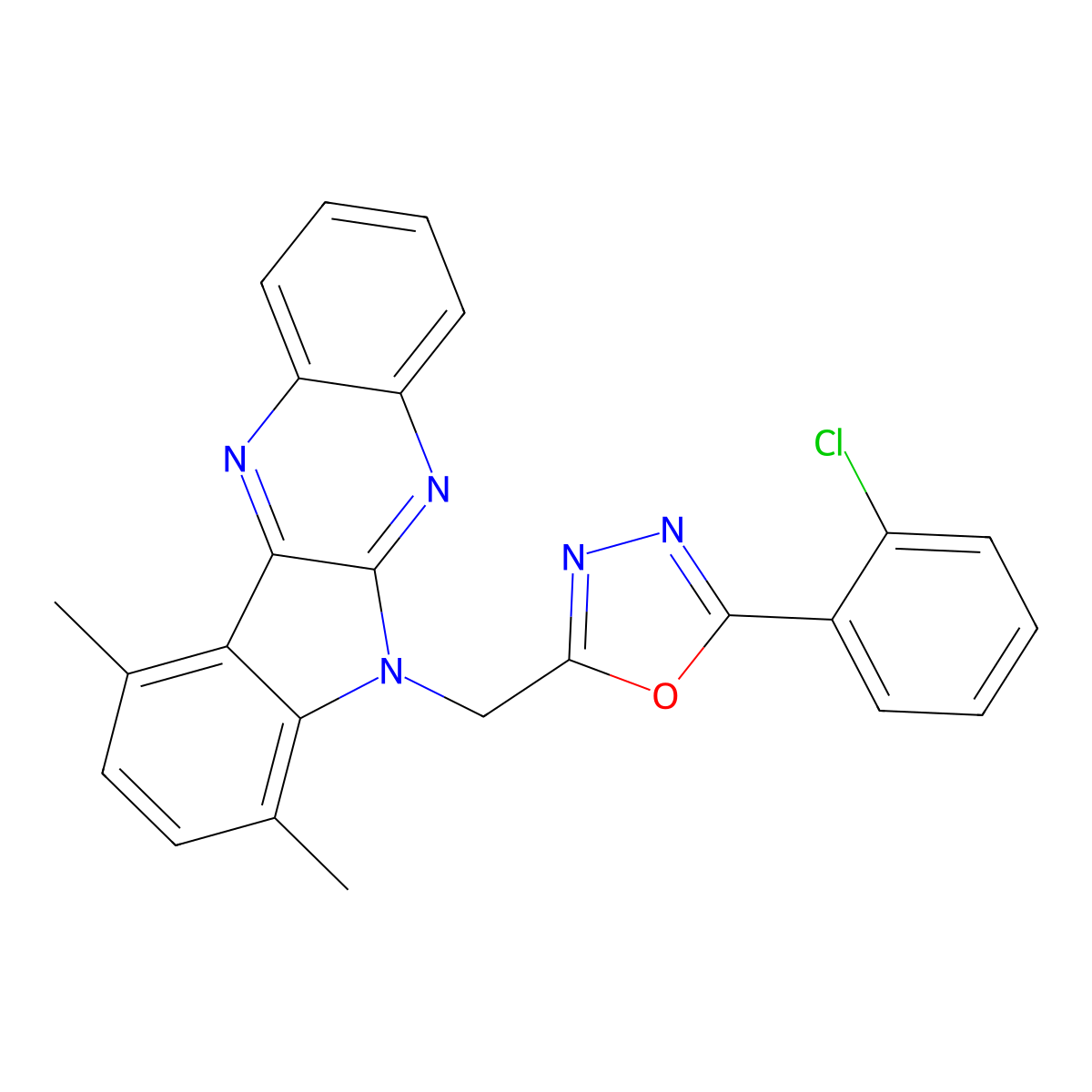 2-(2-chlorophenyl)-5-((7,10-dimethyl-6H-indolo[2,3-b]quinoxalin-6-yl)methyl)-1,3,4-oxadiazole molecular structure, CAS 780821-82-1