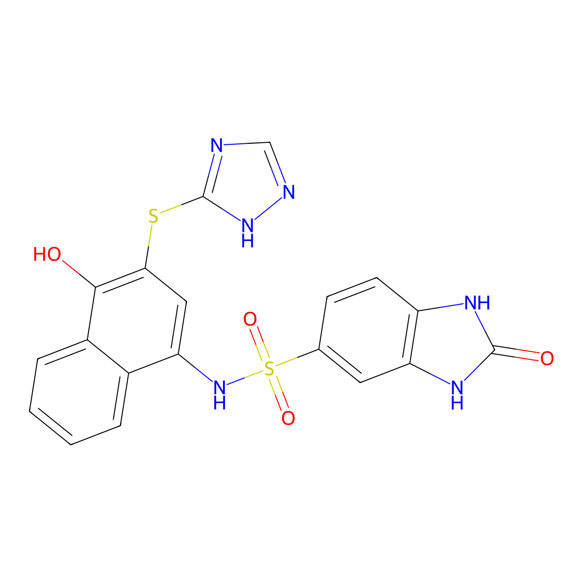 N-[4-hydroxy-3-(1H-1,2,4-triazol-5-ylsulfanyl)naphthalen-1-yl]-2-oxo-1,3-dihydrobenzimidazole-5-sulfonamide molecular structure, CAS 780822-35-7