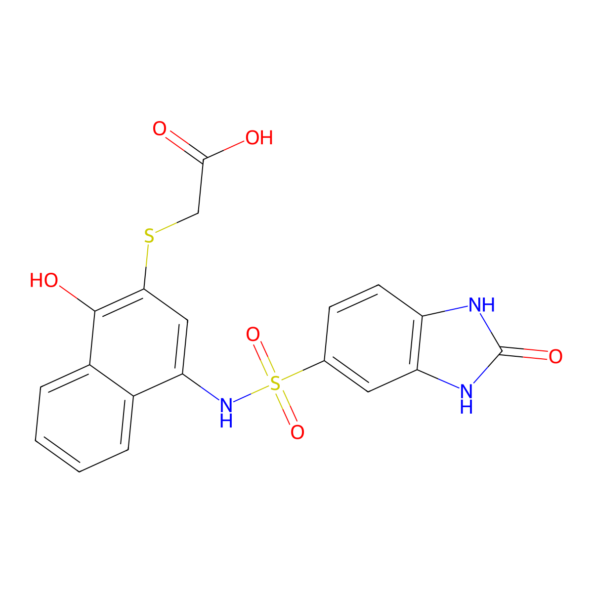 2-((1-Hydroxy-4-(2-oxo-2,3-dihydro-1H-benzo[d]imidazole-5-sulfonamido)naphthalen-2-yl)thio)acetic acid molecular structure, CAS 780822-36-8