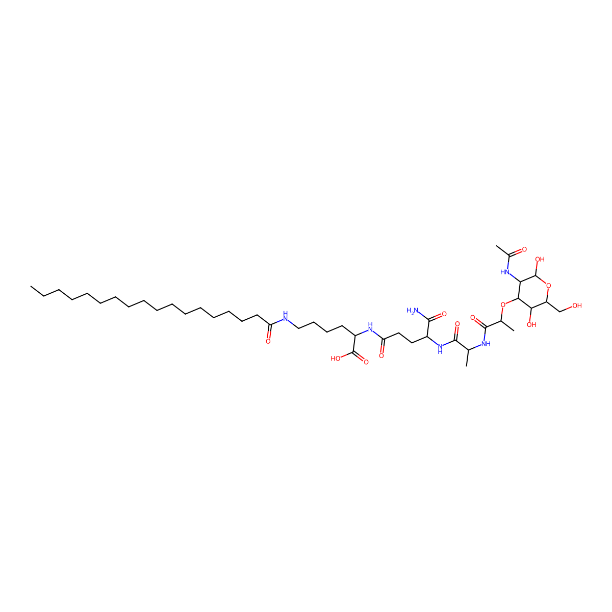 (2S)-2-[[(4R)-4-[[(2S)-2-[[(2R)-2-[(3R,4R,5S,6R)-3-acetamido-2,5-dihydroxy-6-(hydroxymethyl)oxan-4-yl]oxypropanoyl]amino]propanoyl]amino]-5-amino-5-oxopentanoyl]amino]-6-(octadecanoylamino)hexanoic acid molecular structure, CAS 78113-36-7