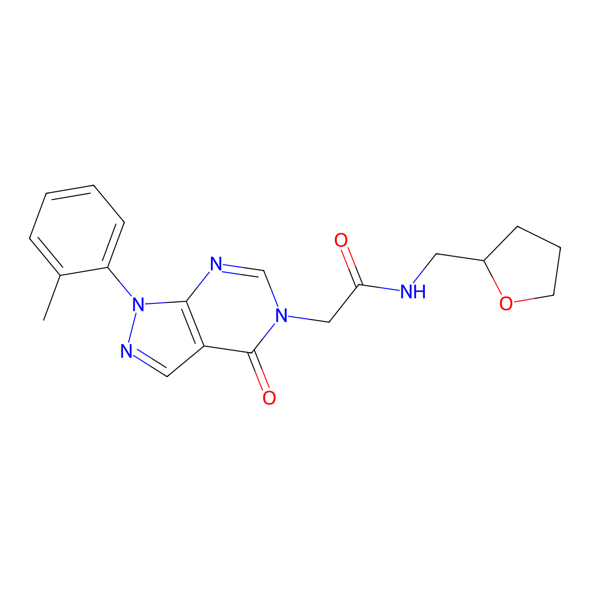 2-[1-(2-methylphenyl)-4-oxopyrazolo[3,4-d]pyrimidin-5-yl]-N-(oxolan-2-ylmethyl)acetamide molecular structure, CAS 781616-64-6