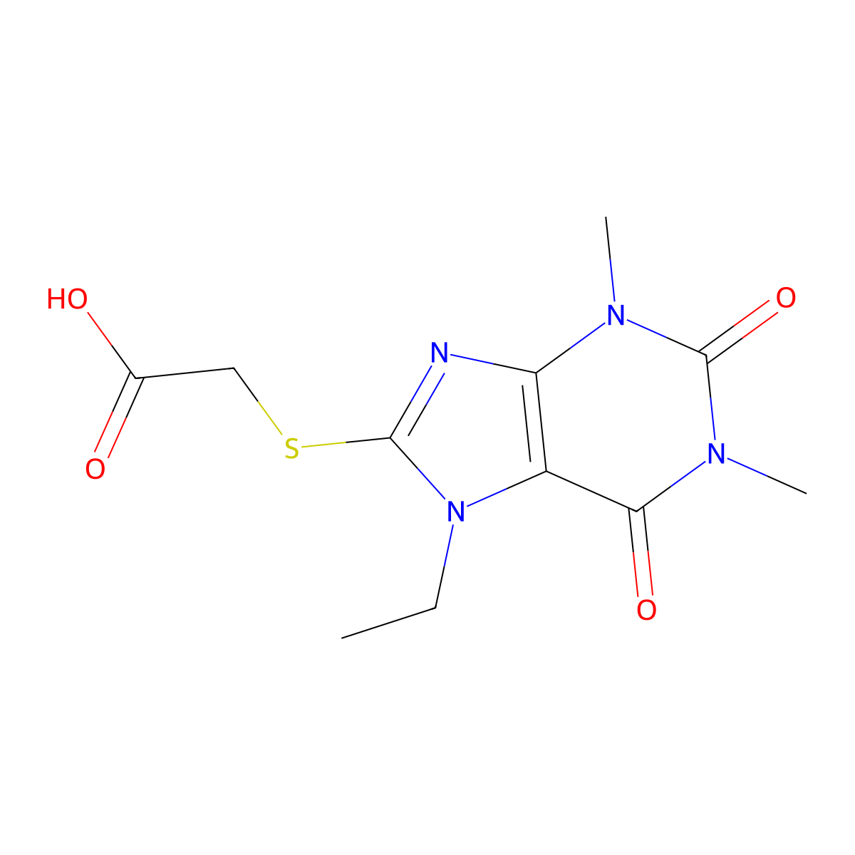 2-((7-ethyl-1,3-dimethyl-2,6-dioxo-2,3,6,7-tetrahydro-1H-purin-8-yl)thio)acetic acid molecular structure, CAS 781655-98-9