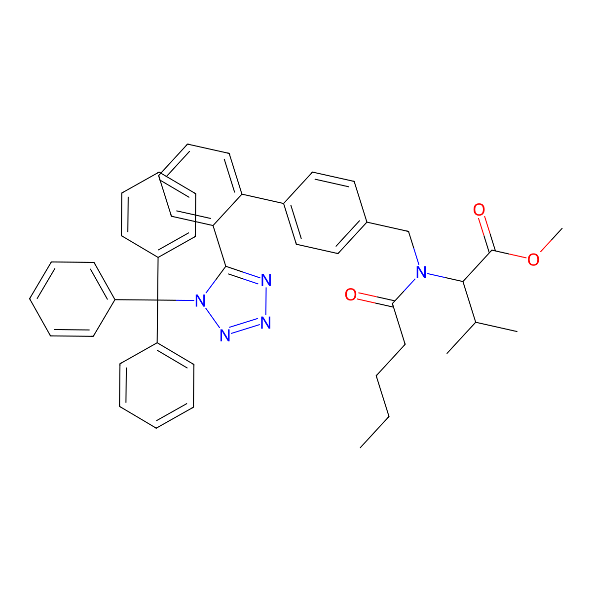 (S)-Methyl 3-methyl-2-(N-((2'-(1-trityl-1H-tetrazol-5-yl)-[1,1'-biphenyl]-4-yl)methyl)pentanamido)butanoate molecular structure, CAS 781664-81-1