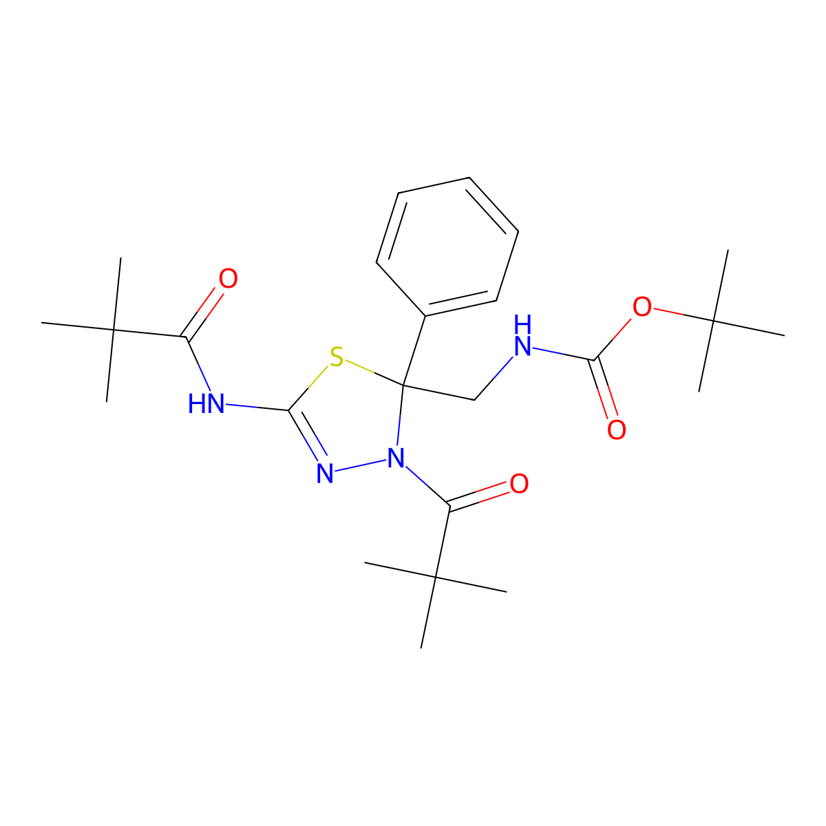 tert-Butyl ((2-phenyl-5-pivalamido-3-pivaloyl-2,3-dihydro-1,3,4-thiadiazol-2-yl)methyl)carbamate molecular structure, CAS 781675-01-2