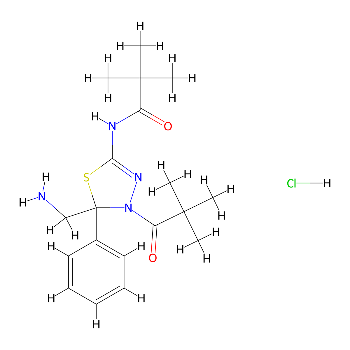 N-(5-(aminomethyl)-5-phenyl-4-pivaloyl-4,5-dihydro-1,3,4-thiadiazol-2-yl)pivalamide hydrochloride molecular structure, CAS 781675-10-3