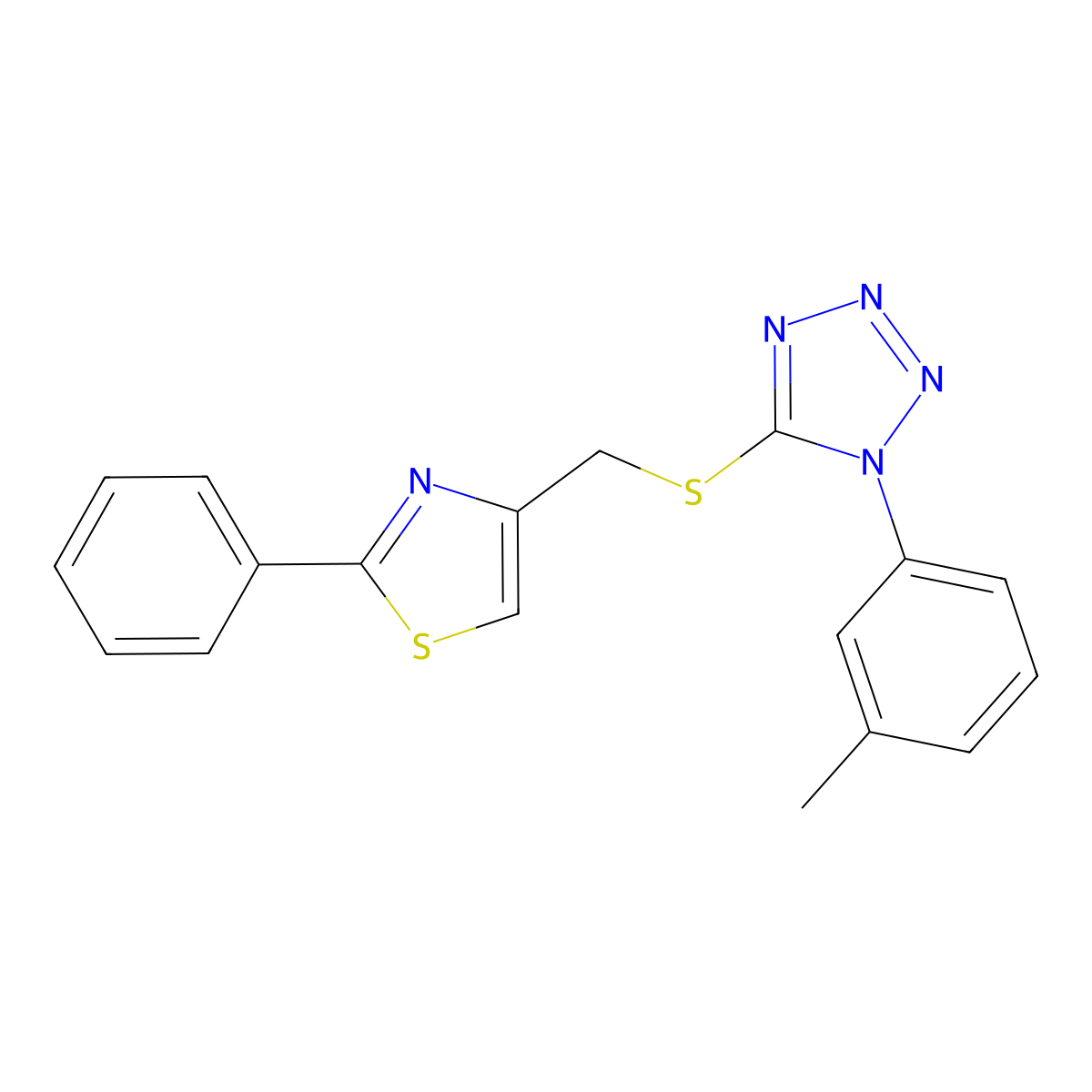 1-(3-methylphenyl)-5-{[(2-phenyl-1,3-thiazol-4-yl)methyl]sulfanyl}-1H-1,2,3,4-tetrazole molecular structure, CAS 782457-22-1