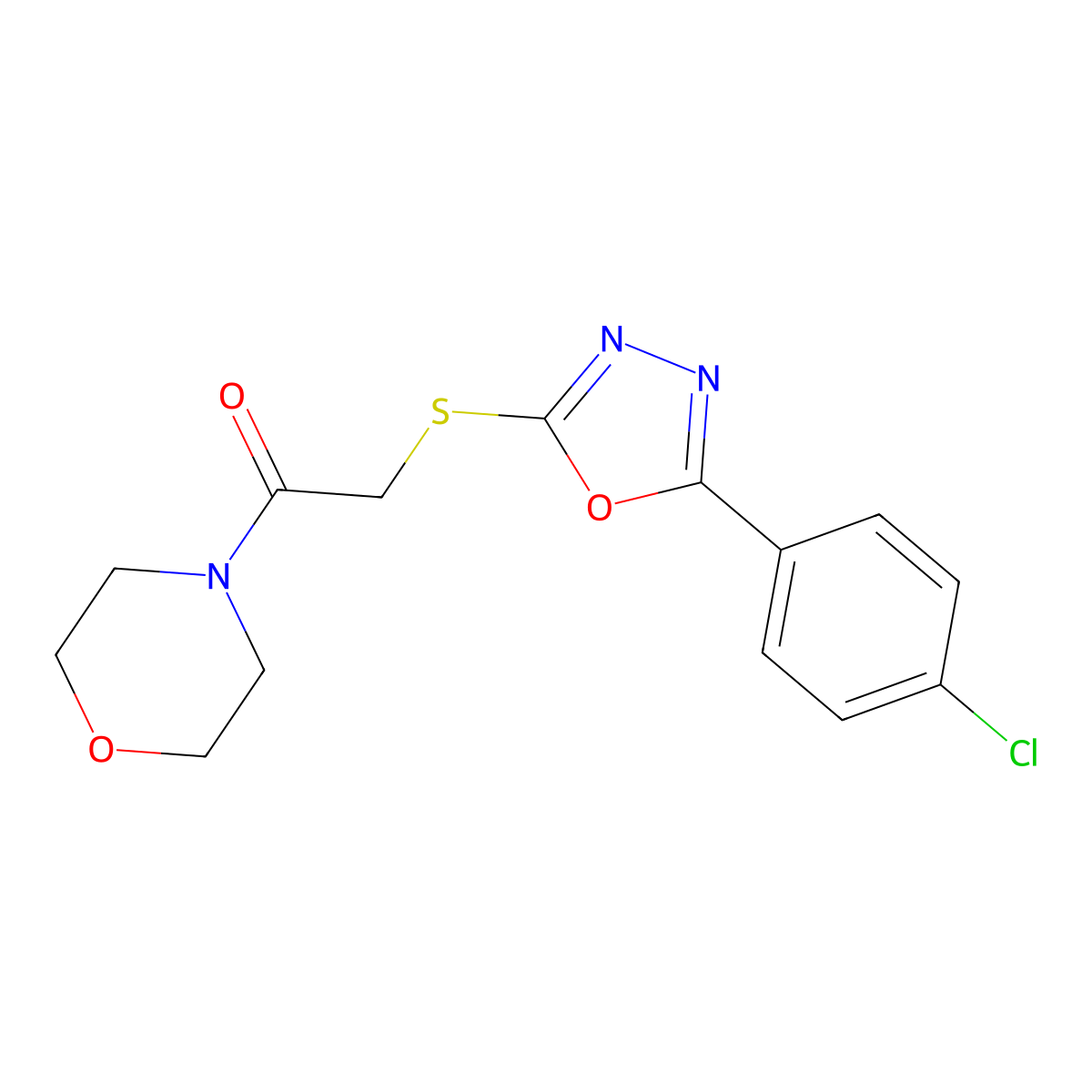2-((5-(4-Chlorophenyl)-1,3,4-oxadiazol-2-yl)thio)-1-morpholinoethanone molecular structure, CAS 782465-94-5