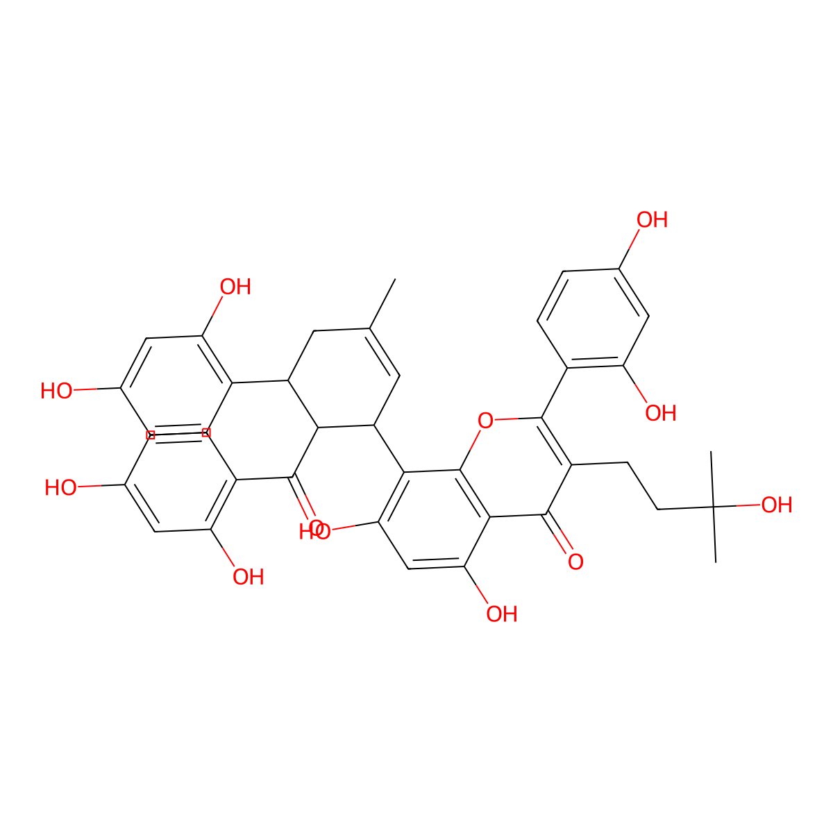 8-[(1S,5R,6S)-6-(2,4-dihydroxybenzoyl)-5-(2,4-dihydroxyphenyl)-3-methylcyclohex-2-en-1-yl]-2-(2,4-dihydroxyphenyl)-5,7-dihydroxy-3-(3-hydroxy-3-methylbutyl)chromen-4-one molecular structure, CAS 78277-79-9