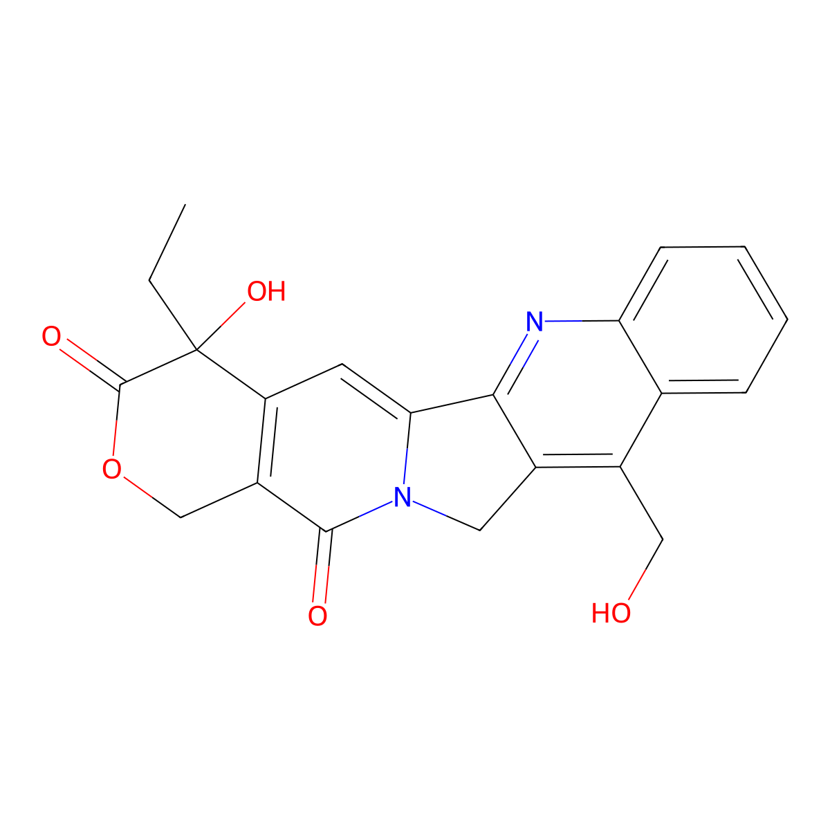 1H-Pyrano(3',4':6,7)indolizino(1,2-b)quinoline-3,14(4H,12H)-dione, 4-ethyl-4-hydroxy-11-(hydroxymethyl)-, (S)- molecular structure, CAS 78287-14-6
