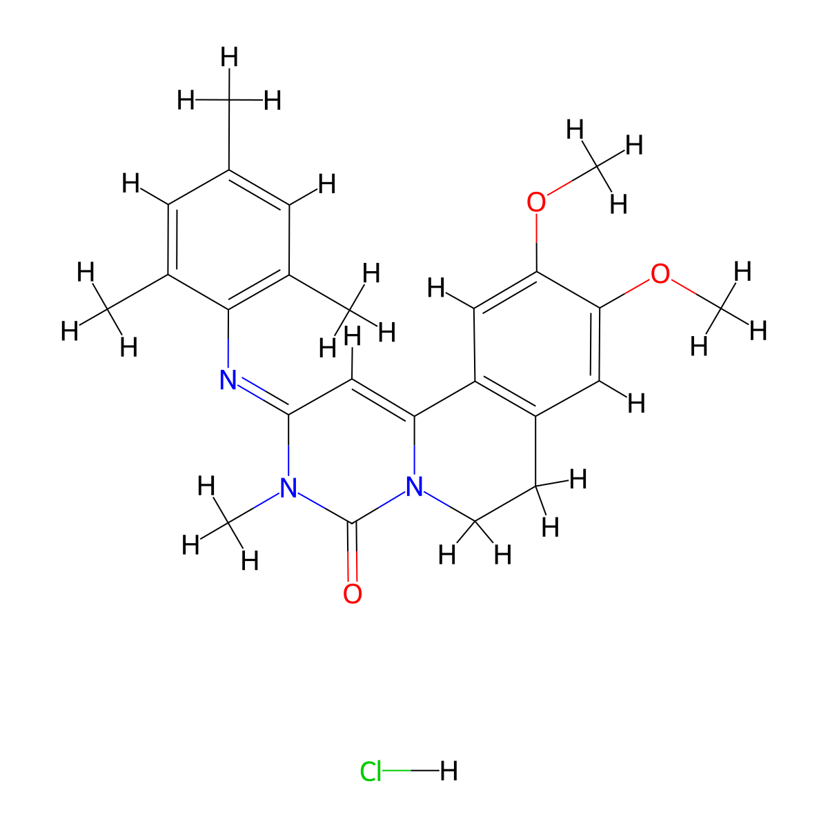 4H-Pyrimido[6,1-a]isoquinolin-4-one, 2,3,6,7-tetrahydro-9,10-dimethoxy-3-methyl-2-[(2,4,6-trimethylphenyl)imino]-, hydrochloride (1:1) molecular structure, CAS 78416-81-6