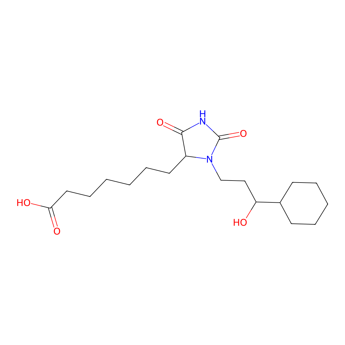 (R-(R*,R*))-3-(3-Cyclohexyl-3-hydroxypropyl)-2,5-dioxo-imidazolidine-4-heptanoic acid molecular structure, CAS 78420-15-2