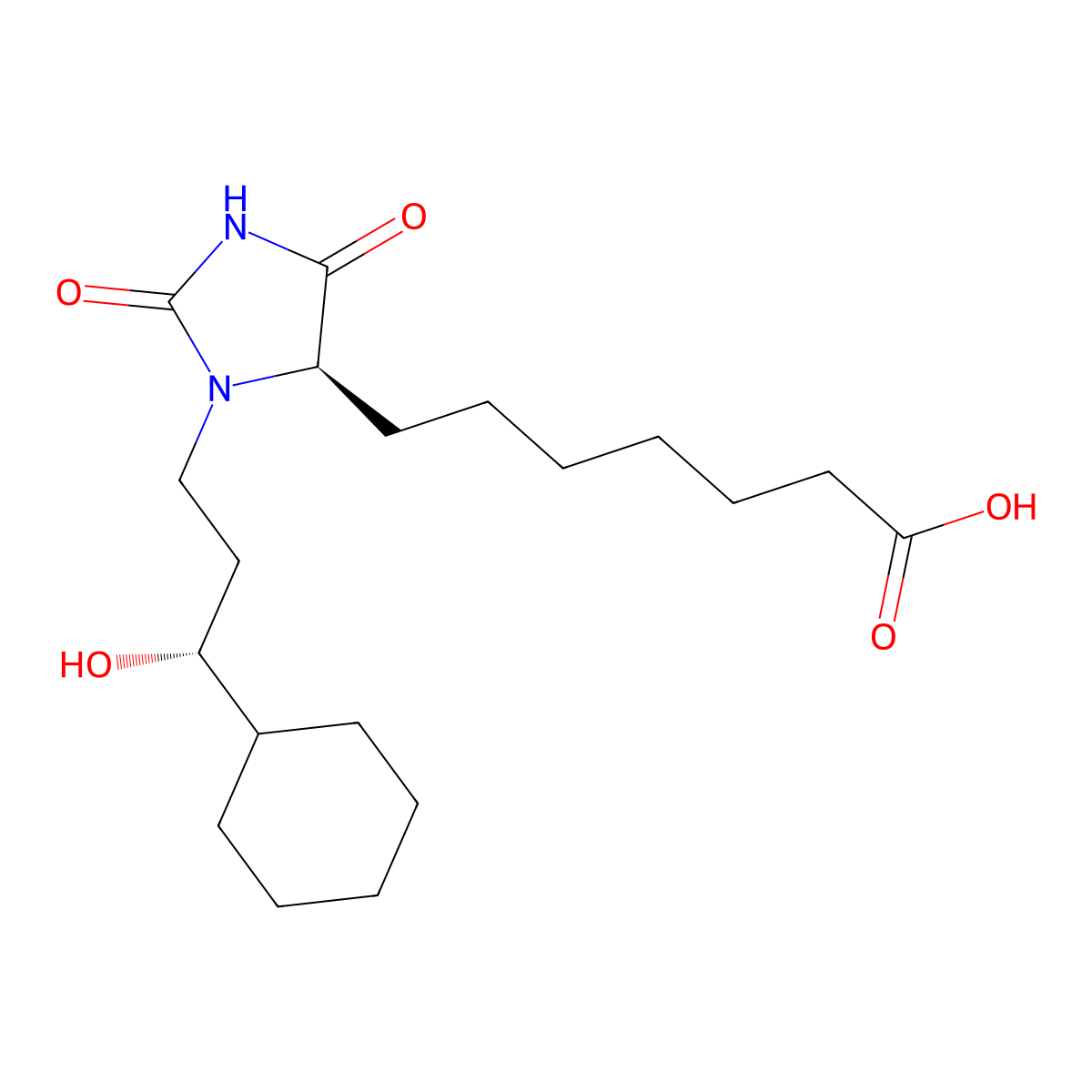 (R-(R*,R*))-3-(3-Cyclohexyl-3-hydroxypropyl)-2,5-dioxo-imidazolidine-4-heptanoic acid molecular structure, CAS 78420-15-2