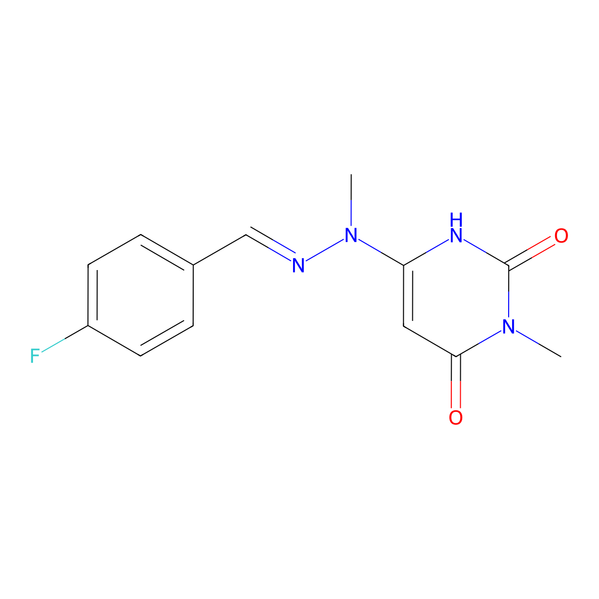 4-Fluorobenzaldehyde 2-methyl-2-(1,2,3,6-tetrahydro-1-methyl-2,6-dioxo-4-pyrimidinyl)hydrazone molecular structure, CAS 78431-33-1
