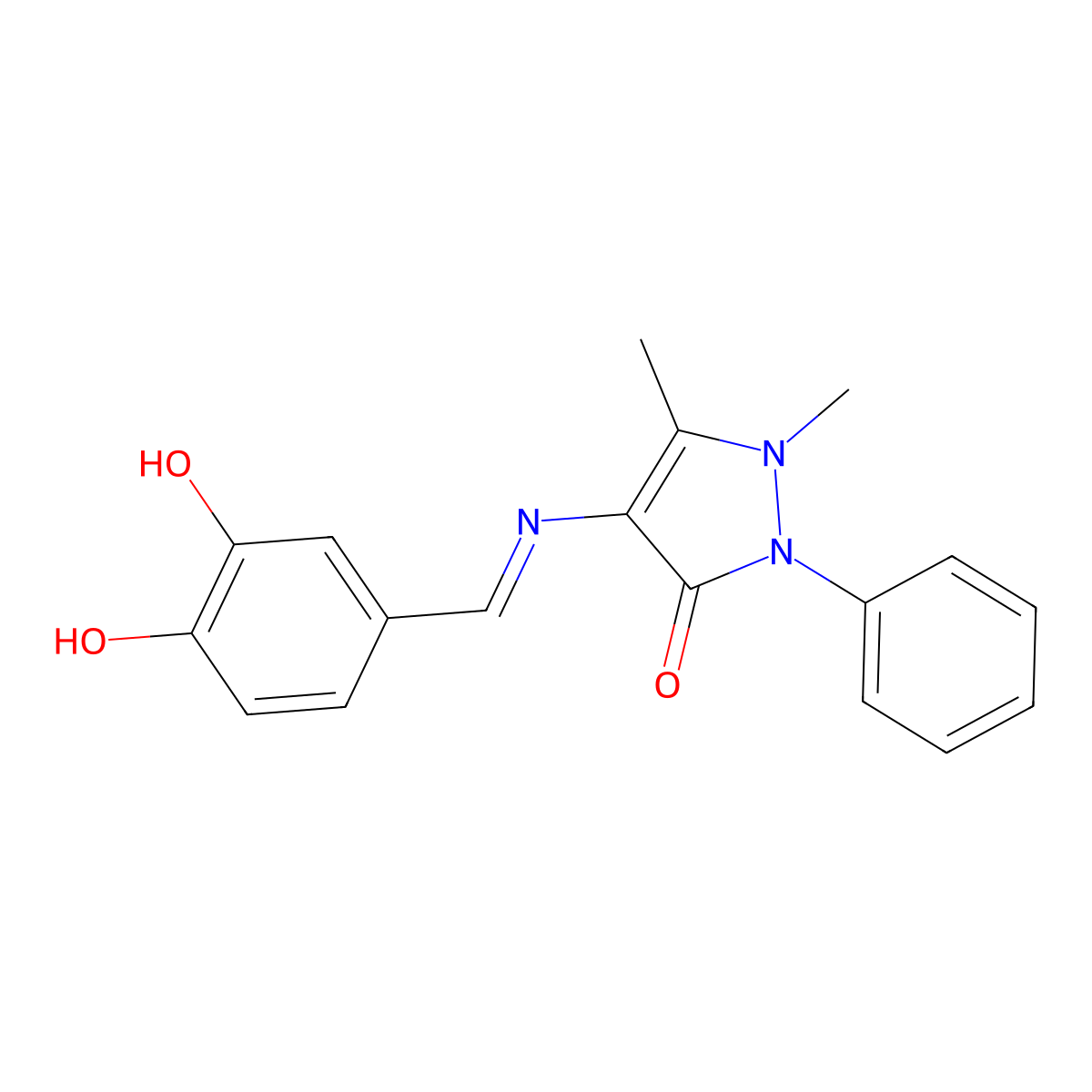 4-[(3,4-dihydroxybenzylidene)amino]-1,5-dimethyl-2-phenyl-1,2-dihydro-3H-pyrazol-3-one molecular structure, CAS 78439-82-4