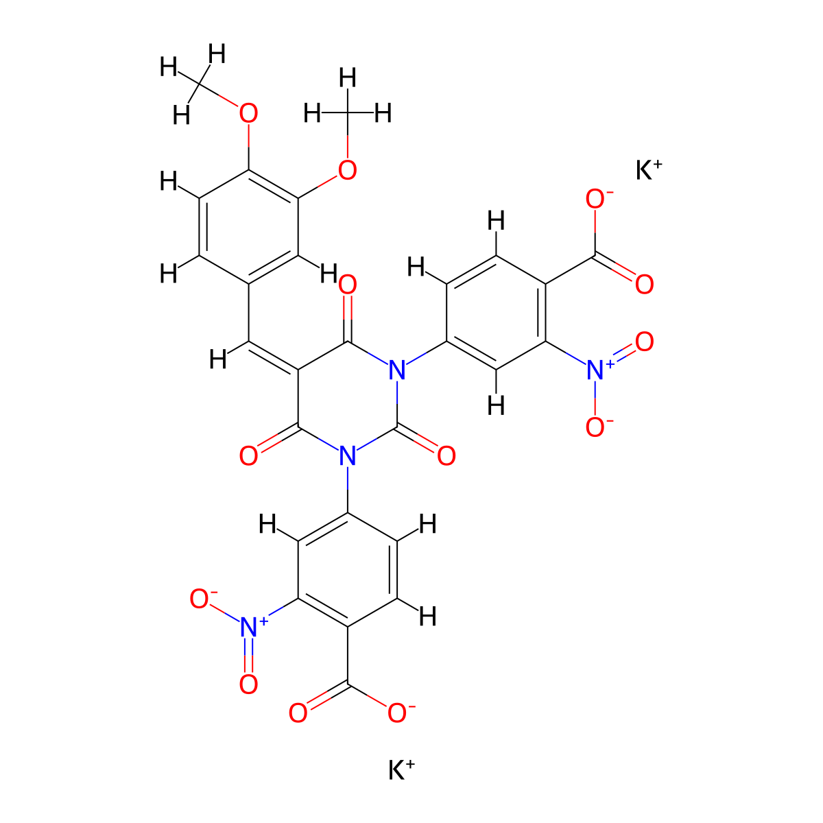 benzoic acid, 4,4'-(5-(3,4-dimethoxybenzylidene)-2,4,6-trioxohexahydropyrimidin-1,3-diyl)bis(2-nitro-, dipotassium salt molecular structure, CAS 78472-95-4