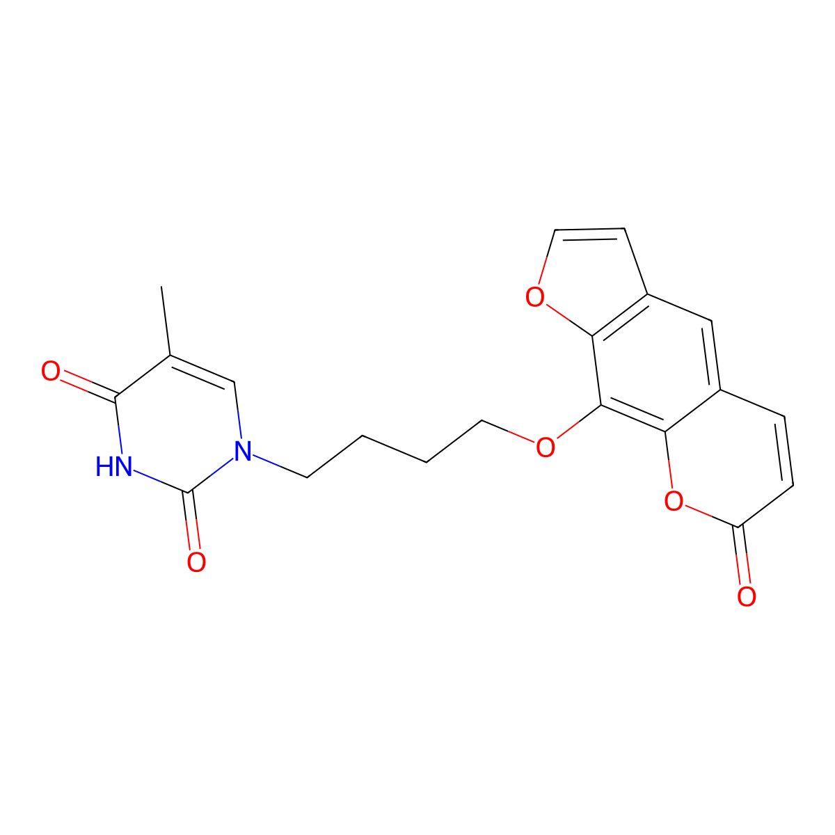 2,4(1H,3H)-Pyrimidinedione, 5-methyl-1-(4-((7-oxo-7H-furo(3,2-g)(1)benzopyran-9-yl)oxy)butyl)- molecular structure, CAS 78497-53-7