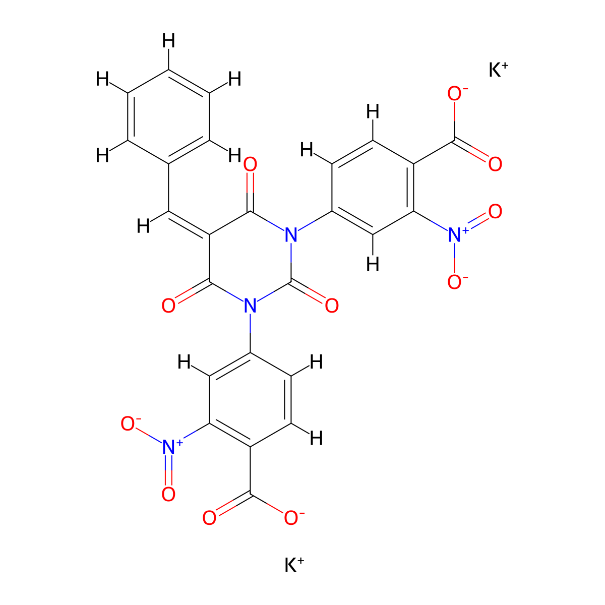benzoic acid, 4,4'-(5-benzylidene-2,4,6-trioxohexahydropyrimidin-1,3-diyl)bis(2-nitro-, dipotassium salt molecular structure, CAS 78506-80-6